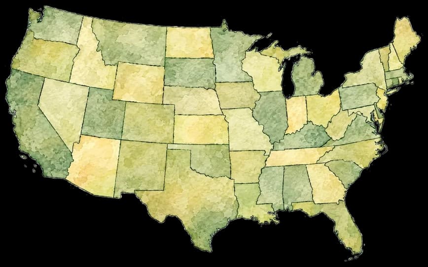 Watercolor map of the United States with state borders in greens and golds.